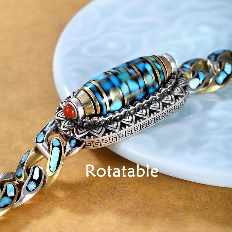 Wear FengShui Tibetan Nine-Eye Dzi Bead Om Mani Padme Hum Turquoise Protection Rotatable Bracelet