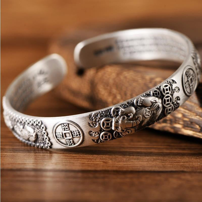 Wear FengShui Tibetan PiXiu Heart Sutra Coin White Copper Wealth Bracelet Adjustable Bangle