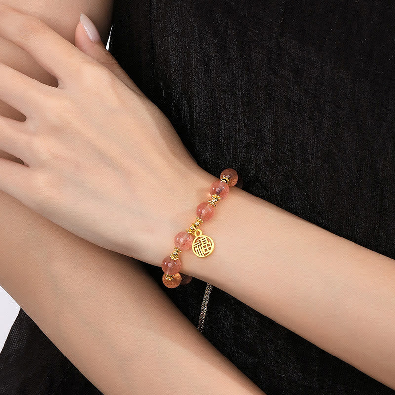 Wear FengShui 14K Gold Plated Natural Strawberry Quartz Fu Character Positive Charm Bracelet