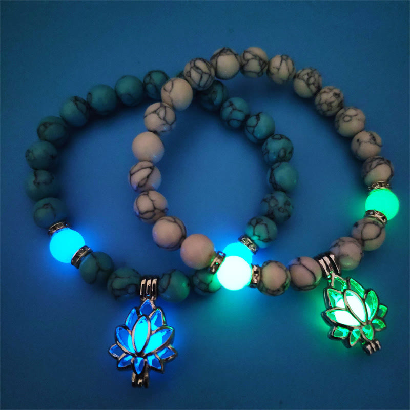 Wear FengShui Tibetan Turquoise Glowstone Luminous Bead Lotus Protection Bracelet