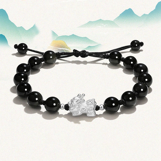 Wear FengShui Natural Black Obsidian Cat's Eye Pink Crystal PiXiu Strength Bracelet