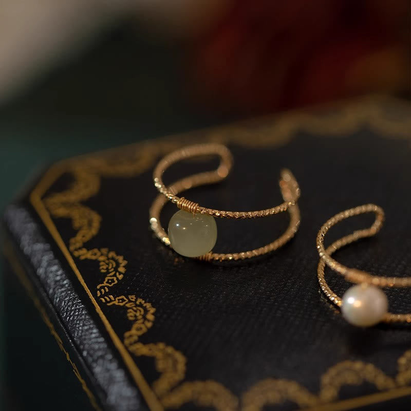 Wear FengShui Round Jade Pearl Bead Double Layer Copper Luck Adjustable Ring
