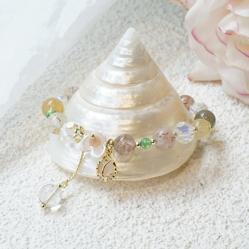 Wear FengShui Strawberry Quartz Rutilated Quartz Fluorite Flower Healing Bracelet