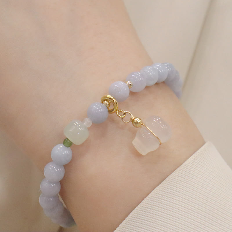 Wear FengShui Natural Aquamarine Chalcedony Serenity Rabbit Gourd Cat Charm Bracelet