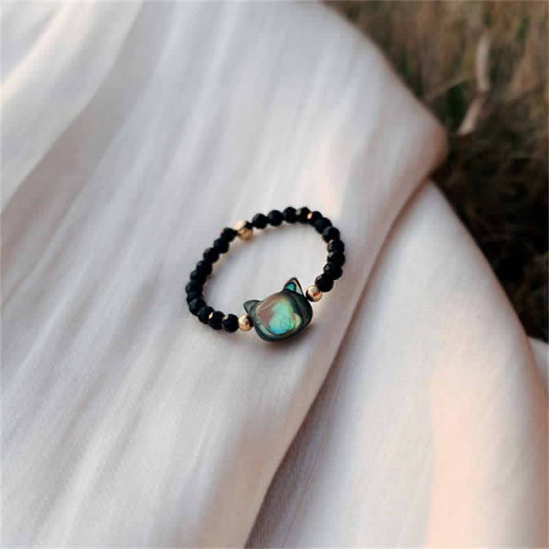 Wear FengShui Natural Tridacna Stone Lovely Cat 14K Gold Plated Blessing Ring