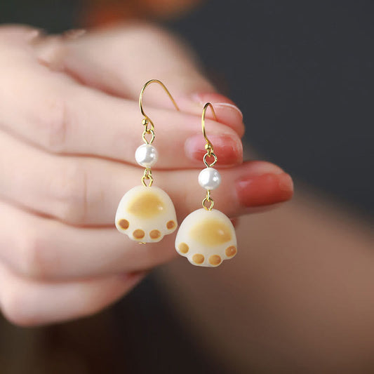 Wear FengShui Bodhi Seed Lovely Cat Paw Claw Peace Dangle Drop Earrings