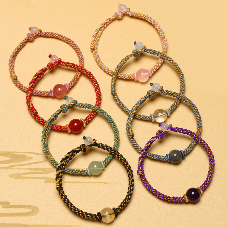 Wear FengShui Handmade Red Agate Amethyst Golden Rutilated Quartz Pink Crystal Bead Calm Braided Bracelet