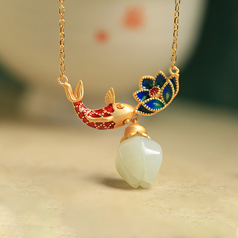 Wear FengShui White Jade Koi Fish Lotus Copper Protection Necklace Pendant