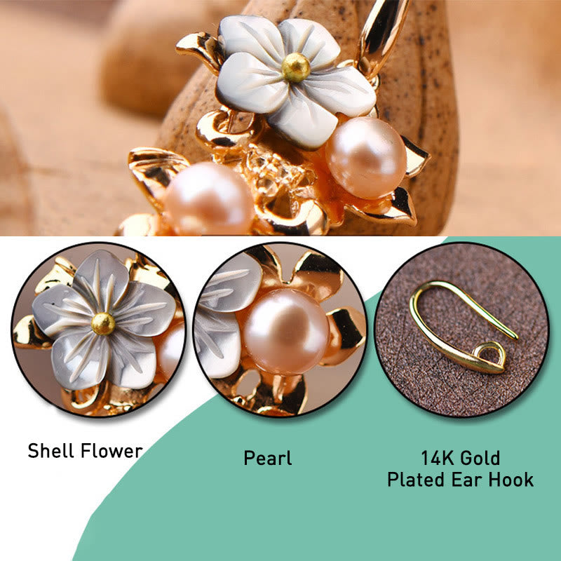 Wear FengShui 14K Gold Plated Tridacna Stone Flower Pearl Green Aventurine Bead Drop Earrings