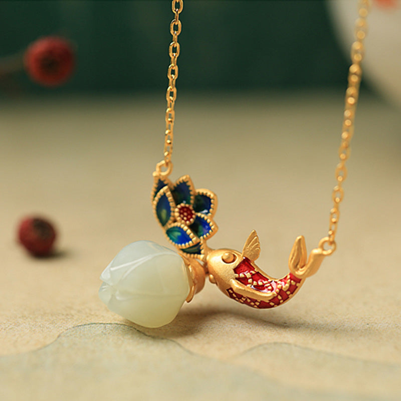 Wear FengShui White Jade Koi Fish Lotus Copper Protection Necklace Pendant