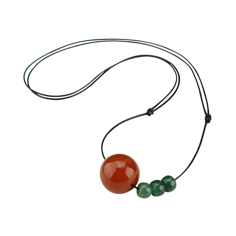 Wear FengShui Red Agate Green Aventurine Green Bodhi Seed Bead Calm Leather Rope Necklace Pendant