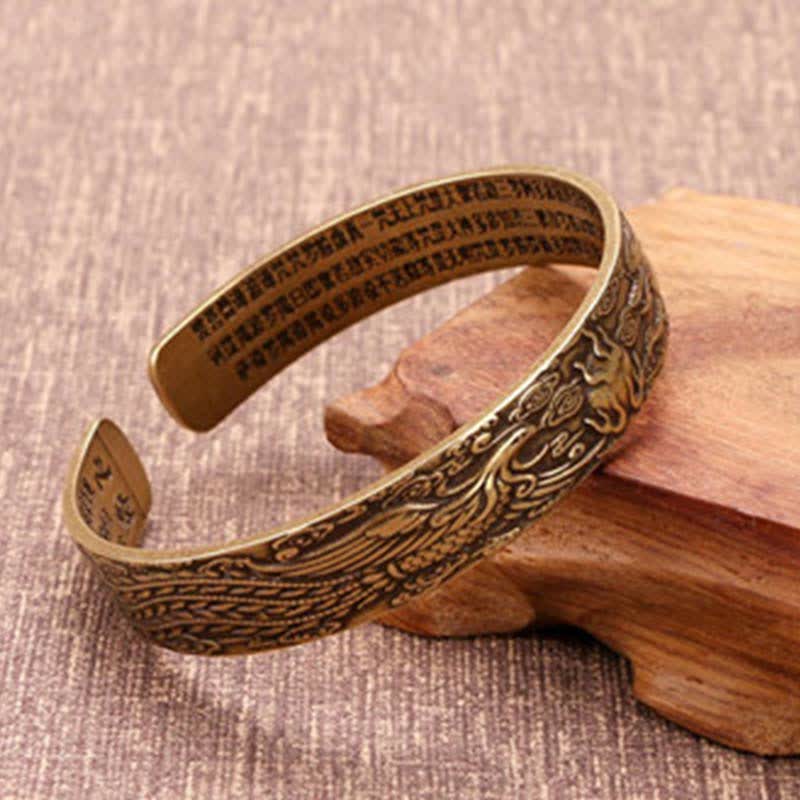 Wear FengShui 2Pcs Om Mani Padme Hum Dragon Phoenix Copper Leather Peace Cuff Bracelet Bangle