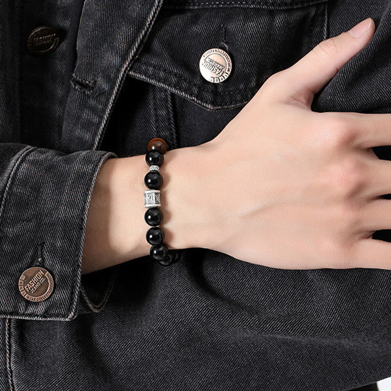 Wear FengShui 999 Sterling Silver Black Obsidian Tiger Eye Om Mani Padme Hum Fulfillment Bracelet