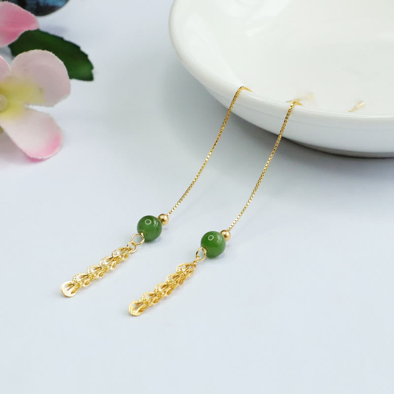 Wear FengShui 925 Sterling Silver Natural Hetian Cyan Jade Bead Luck Phoenix Tail Drop Earrings