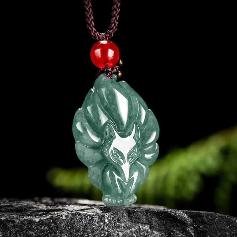 Wear FengShui Natural Green Jade Nine Tailed Fox Luck Necklace Pendant