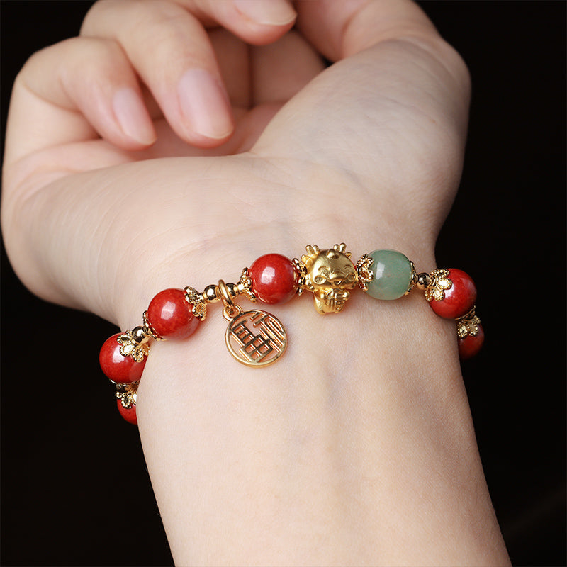 Wear FengShui Year of the Dragon Natural Cinnabar Fu Character Charm Blessing Bracelet