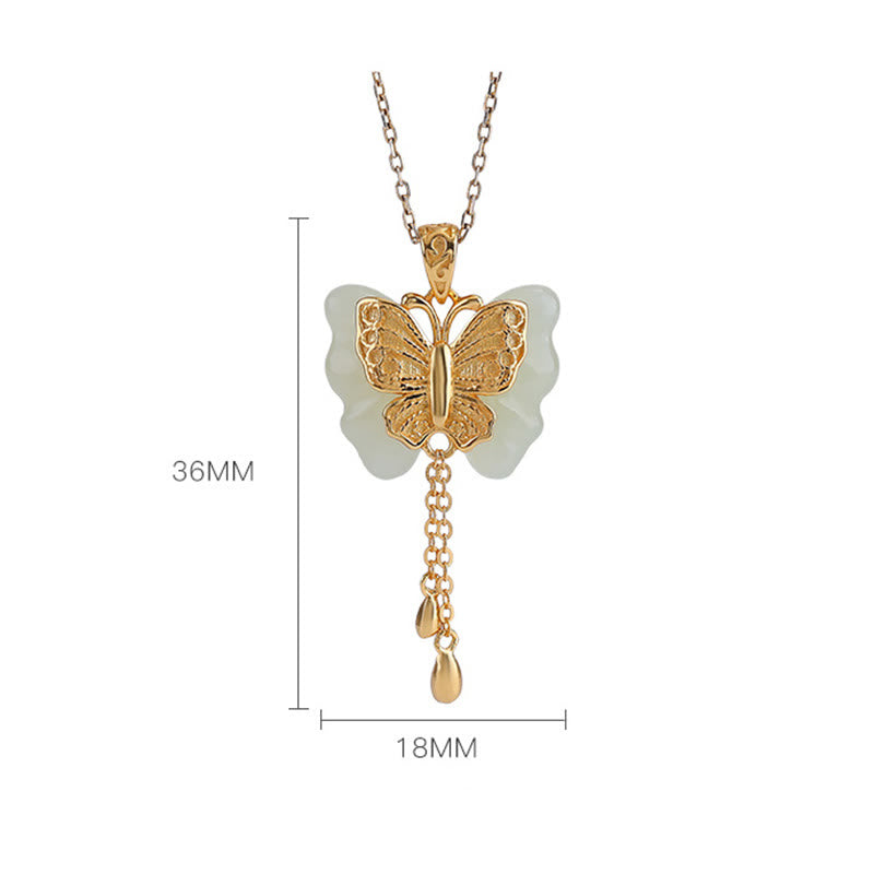 Wear FengShui 925 Sterling Silver Plated Gold Hetian White Jade Butterfly Blessing Necklace Pendant