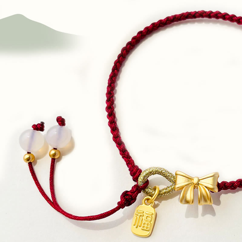 Wear FengShui Handmade Peach Blossom Rosette Bow Knot Fu Character Charm Luck Fortune Red Rope Bracelet