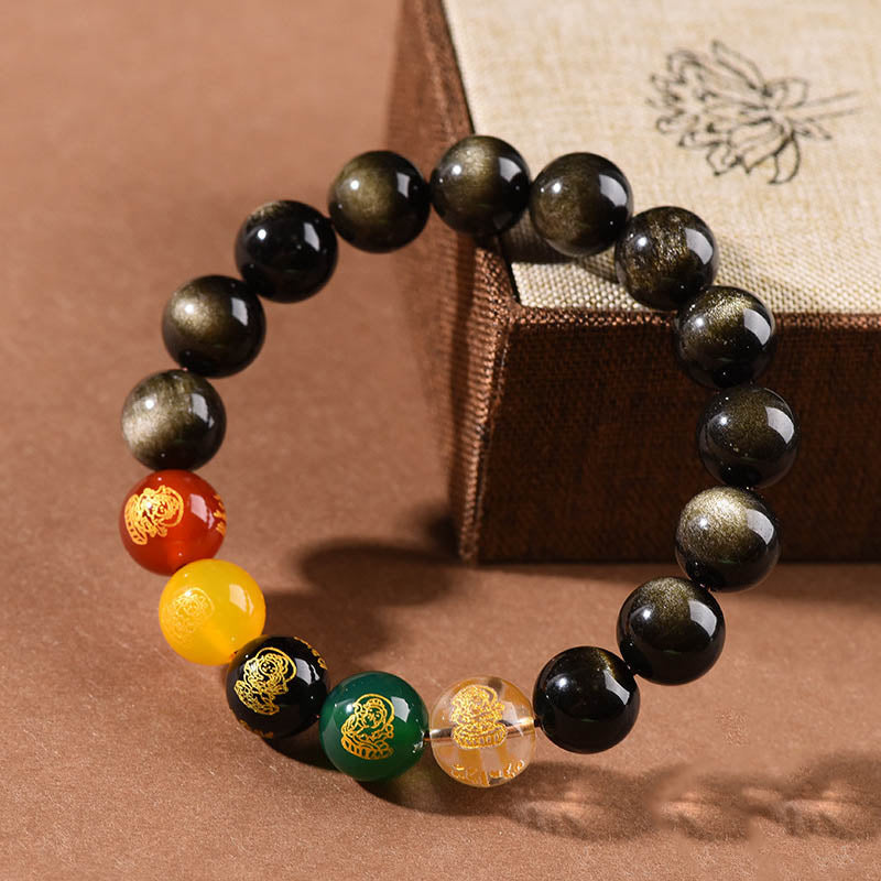 Wear FengShui Gold Sheen Obsidian Rainbow Obsidian Black Obsidian Five Directions Gods of Wealth Bracelet