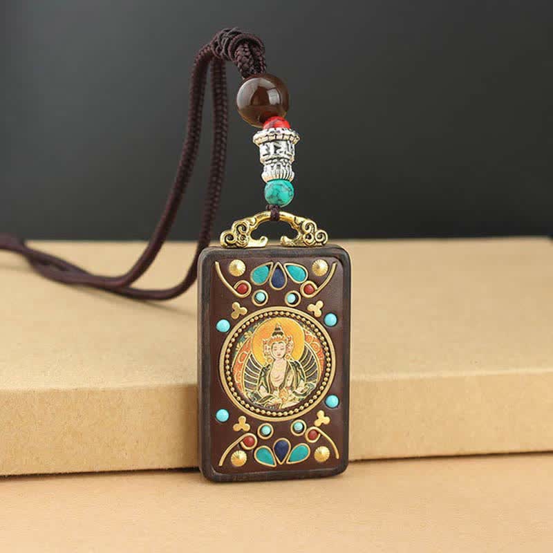 Wear FengShui Tibet God of Wealth Thangka Ebony Peace Necklace Pendant