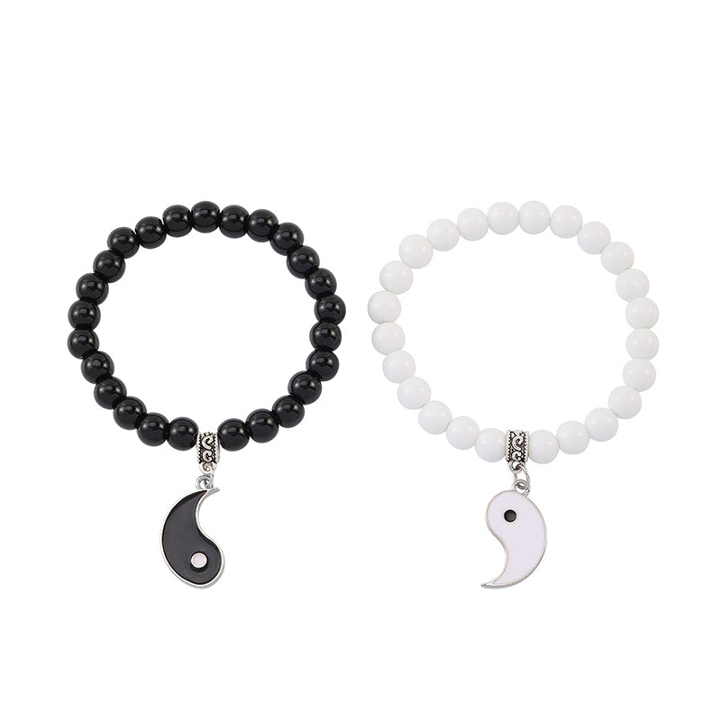 Wear FengShui 2Pcs Black Onyx White Turquoise Bead Yin Yang Protection Couple Bracelet