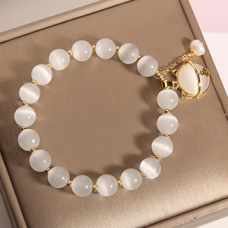 Wear FengShui Cat's Eye Lovely Cat Pattern Pearl Love Charm Bracelet