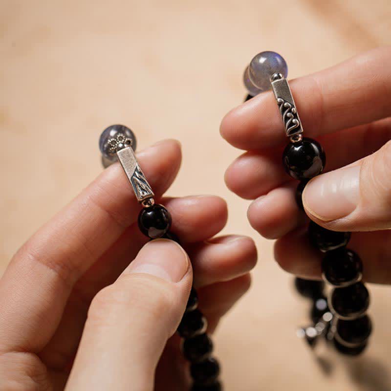 Wear FengShui 925 Sterling Silver Obsidian Moonstone Strength Couple Bracelet