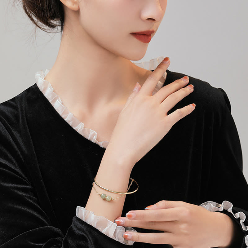 Wear FengShui Copper Plated Gold Hetian Jade Bead Luck Double Layer Bracelet Bangle
