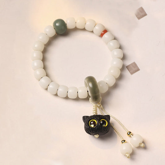 Wear FengShui Natural Bodhi Seed African Blackwood Lovely Cat Charm Peace Harmony Bracelet