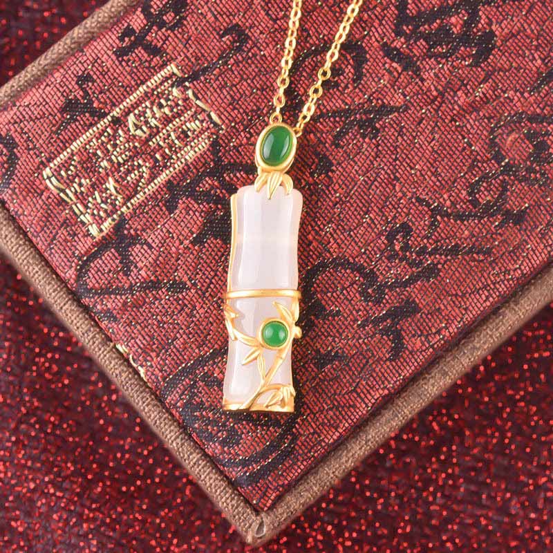 Wear FengShui White Jade Cyan Jade Bamboo Protection Necklace Pendant