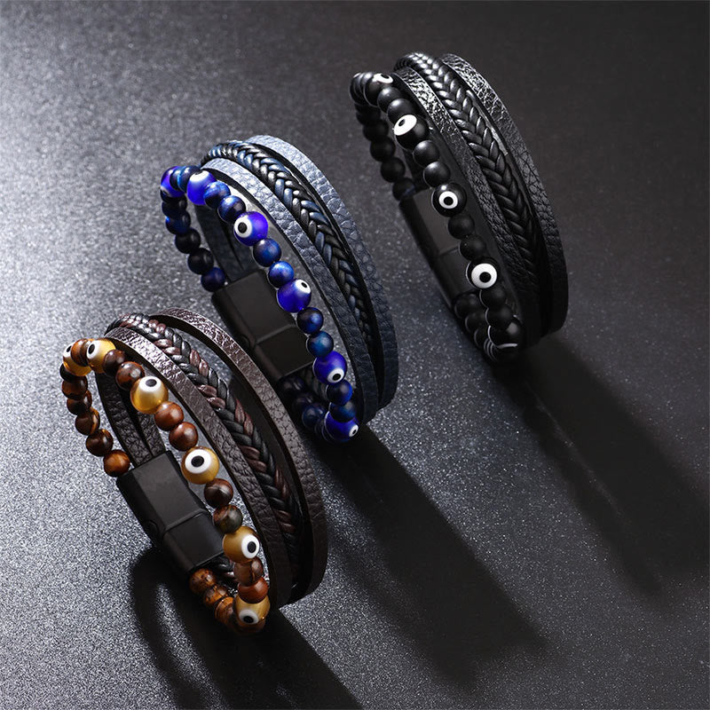 Wear FengShui Evil Eye Tiger Eye Protection Beaded Multilayered Braided Bracelet