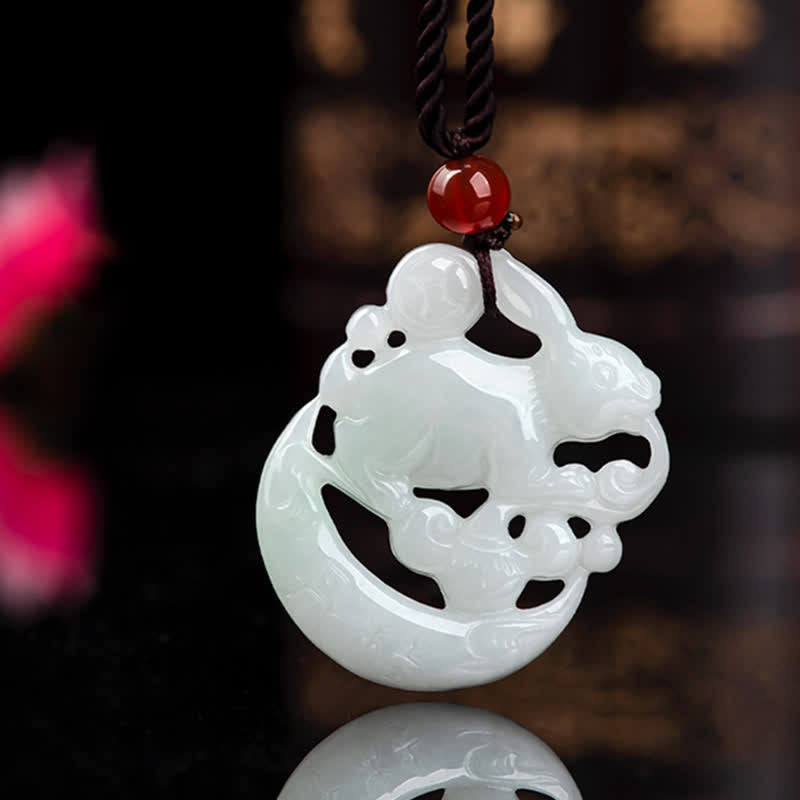 Wear FengShui Year of the Rabbit White Jade Crescent Moon Protection Necklace Pendant