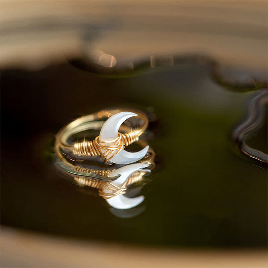 Wear FengShui Natural Tridacna Stone Moon 14K Gold Blessing Ring