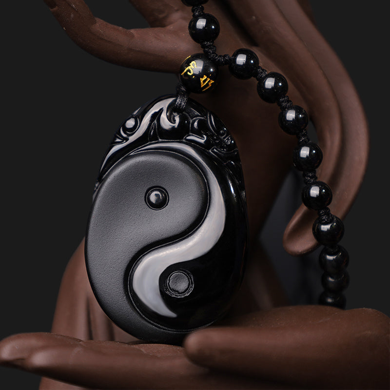 Wear FengShui Natural Black Obsidian Yin Yang Fulfilment Strength Necklace Pendant