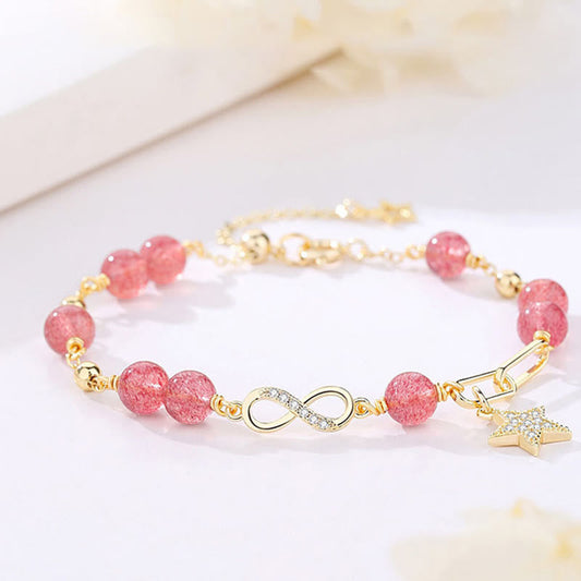 Wear FengShui 14K Gold Plated Natural Strawberry Quartz Moonstone Möbius Loop Eternal Love Star Positive Bracelet
