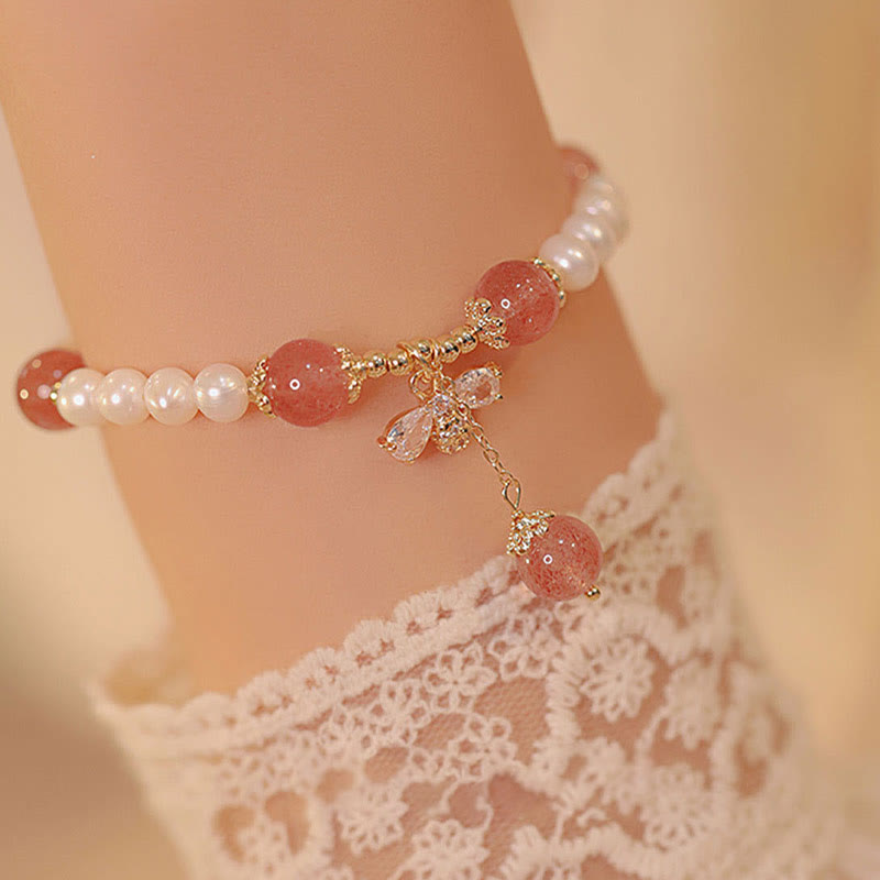 Wear FengShui Natural Pearl Strawberry Quartz Healing Cute Honey Bee Charm Bracelet