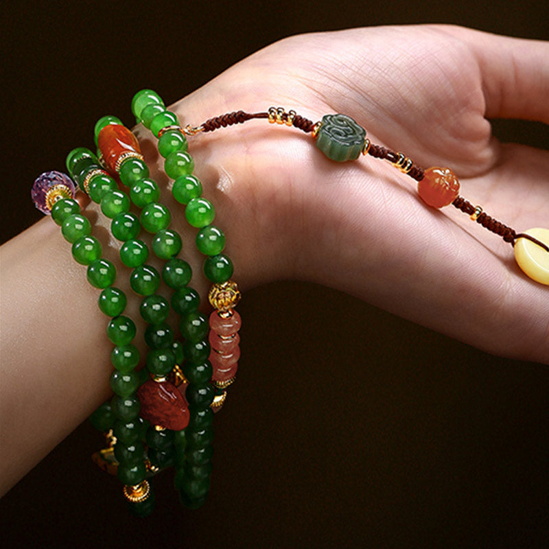 Wear FengShui 108 Mala Beads Cyan Jade Red Agate Laughing Buddha Luck Bracelet
