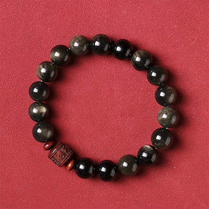 Wear FengShui Natural Gold Sheen Obsidian Rainbow Obsidian Om Mani Padme Hum Fu Character Healing Bracelet