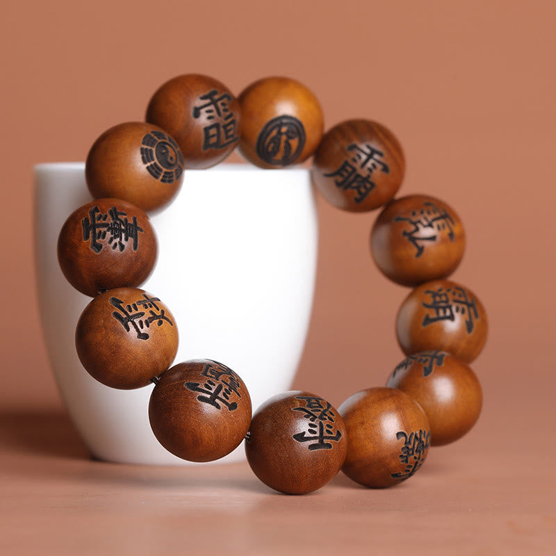Wear FengShui Lightning Struck Jujube Wood Yin Yang Bagua Taoist Taboo Characters Engraved Protection Bracelet