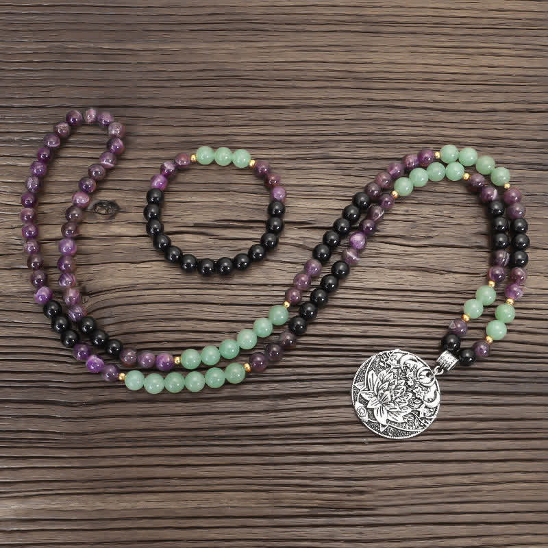 Wear FengShui 108 Mala Beads Amethyst Green Aventurine Lotus Meditation Bracelet