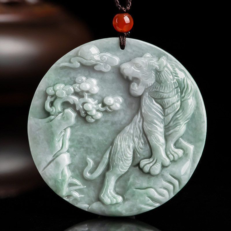 Wear FengShui Chinese Zodiac Tiger Jade Protection Necklace String Pendant