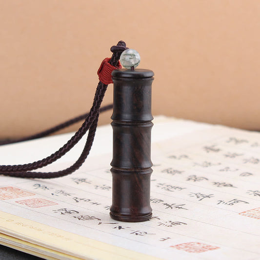 Wear FengShui Ebony Wood Bamboo Pattern Ghau Prayer Box Peace Necklace Pendant