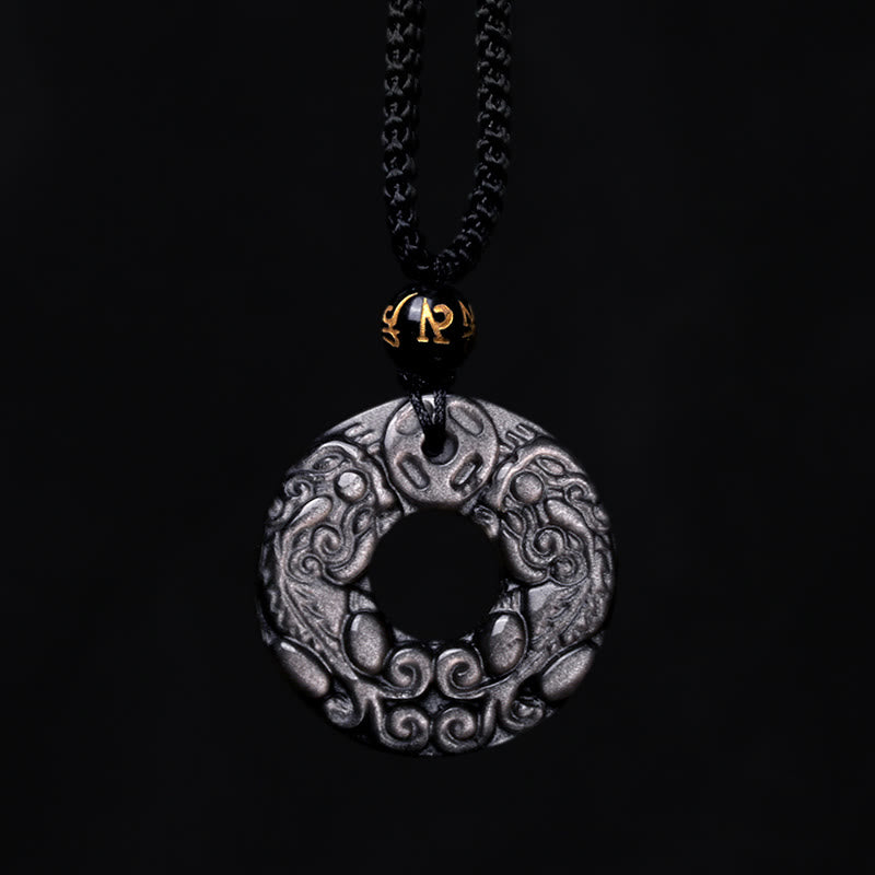 Wear FengShui Natural Silver Sheen Obsidian Double PiXiu Copper Coin Peace Buckle Protection Necklace Pendant
