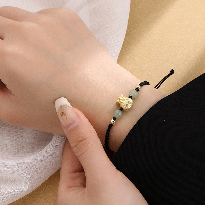 Wear FengShui Lucky Money Bag Fu Character Jade Bead Luck Braided Bracelet
