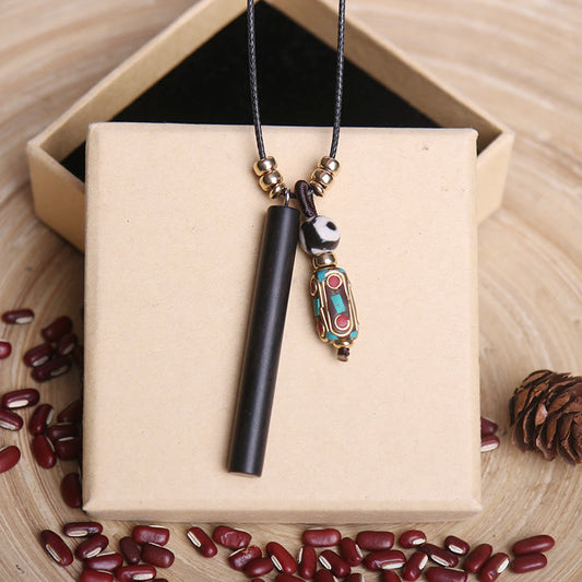Wear FengShui Tibetan Ebony Wood Dzi Bead Peace Calm Necklace Pendant
