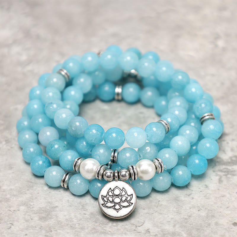 Wear FengShui Natural Amazonite Stone Healing Lotus Mala Bracelet