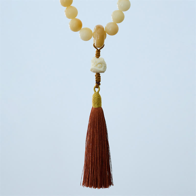 Wear FengShui Natural Bodhi Seed Ivory Fruit Dancing Lion Charm Harmony Tassel Wrist Mala