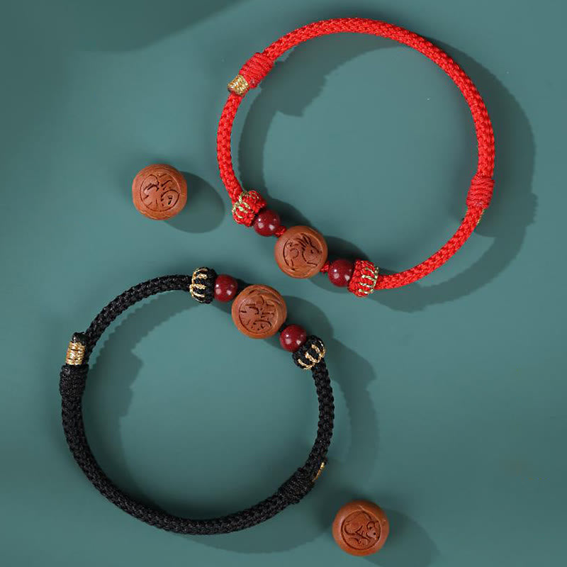 Wear FengShui Natural Peach Wood Chinese Zodiac Fu Character Carved Cinnabar Wealth Bracelet