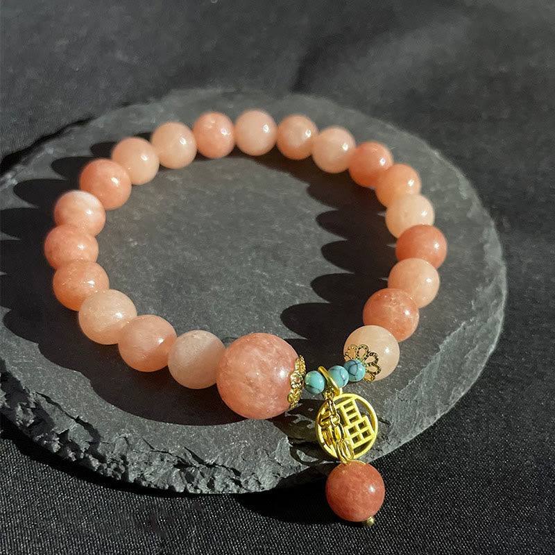 Wear FengShui Natural Orange Stone Turquoise Fu Character Charm Luck Fortune Bracelet