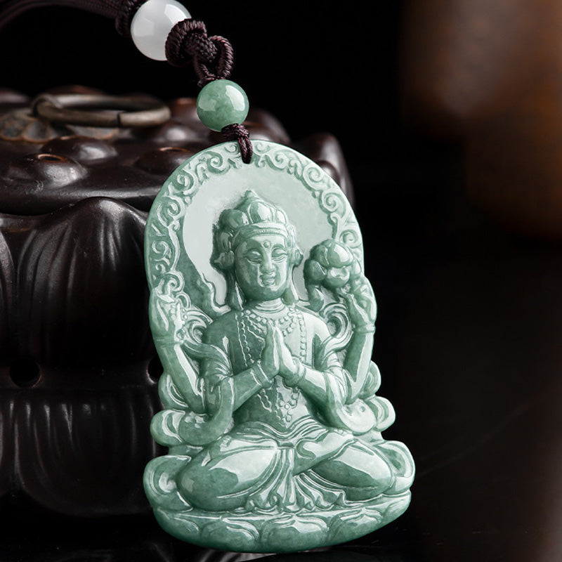 Wear FengShui Four-armed Avalokitesvara Natural Jade Amulet Blessing String Necklace